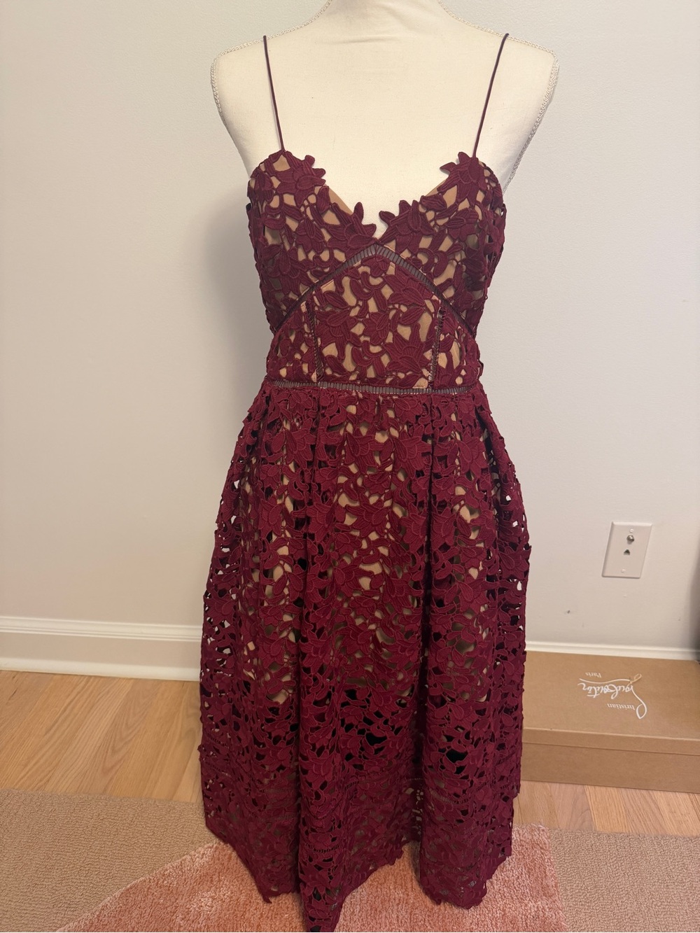 Self Portrait Azelea Burgundy Lace Midi Dress - Spaghetti Strap sz 8